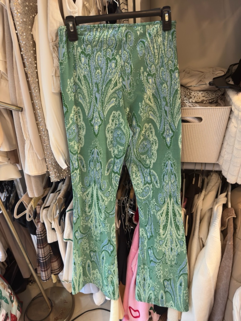 Zara Green Paisley Knit bell bottom pants - Picture 3 of 5